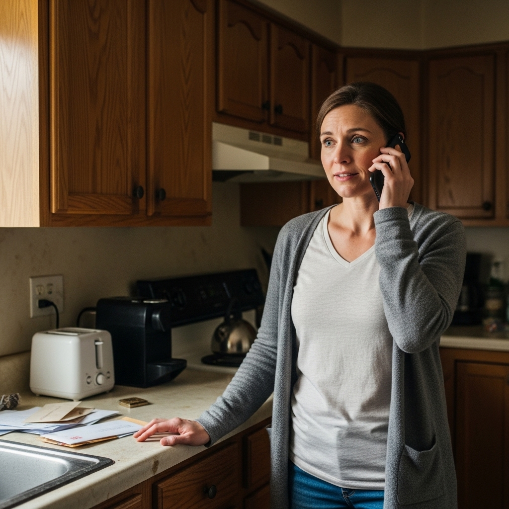 A person wearing a grey cardigan stands in a kitchen, holding a phone to their ear with a focused expression.