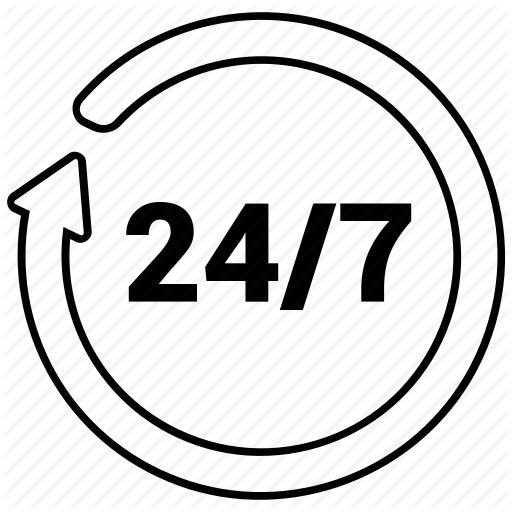 A black and white icon of a circle with the number 24/7 inside of it.