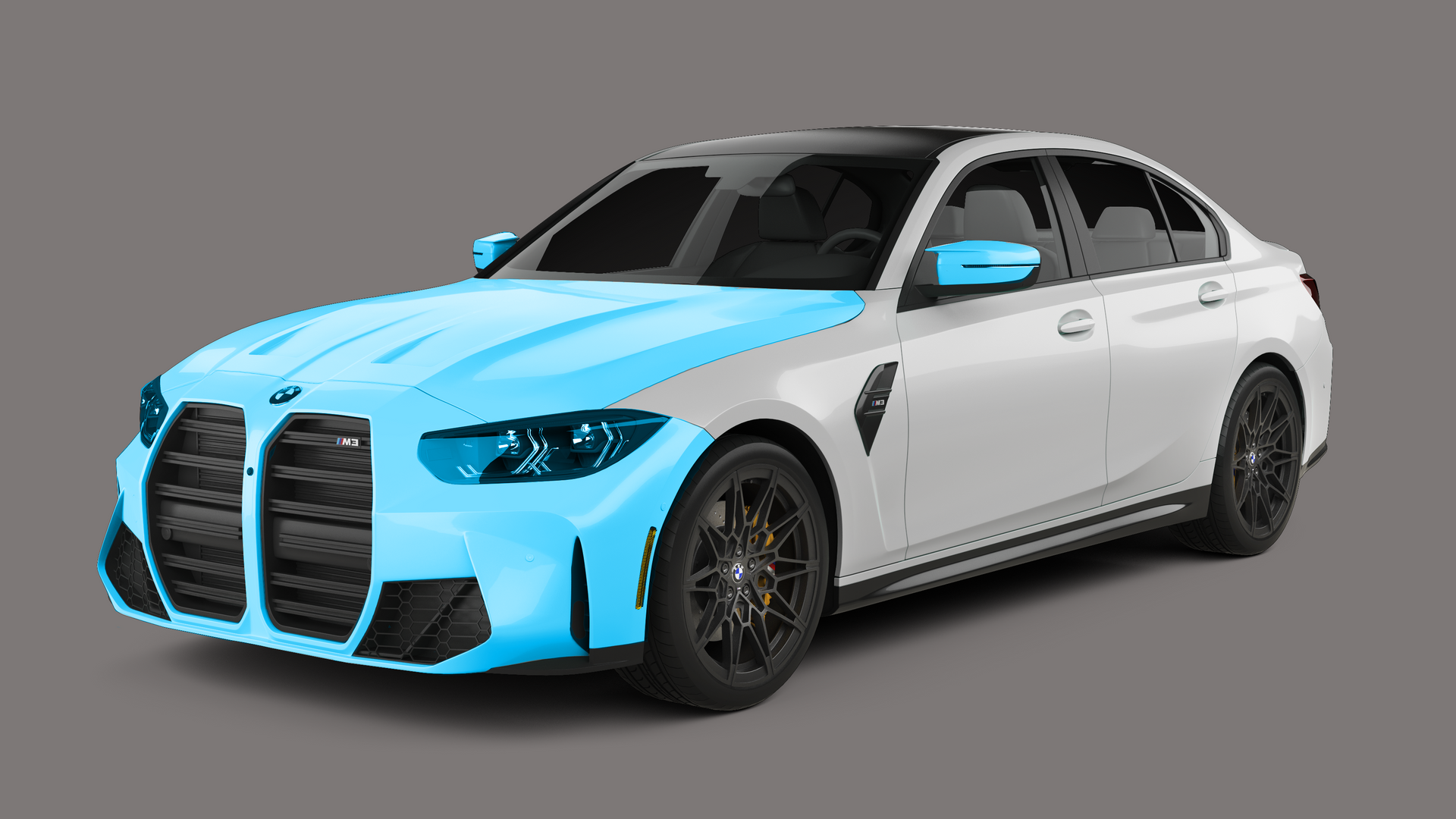 White BMW sedan with blue highlights on a gray background.