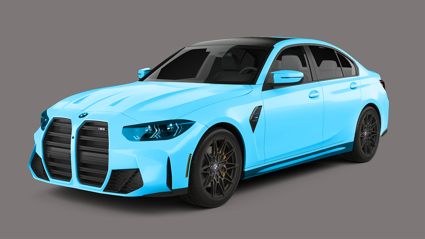 Light blue BMW M3 sedan with black accents on a gray background.