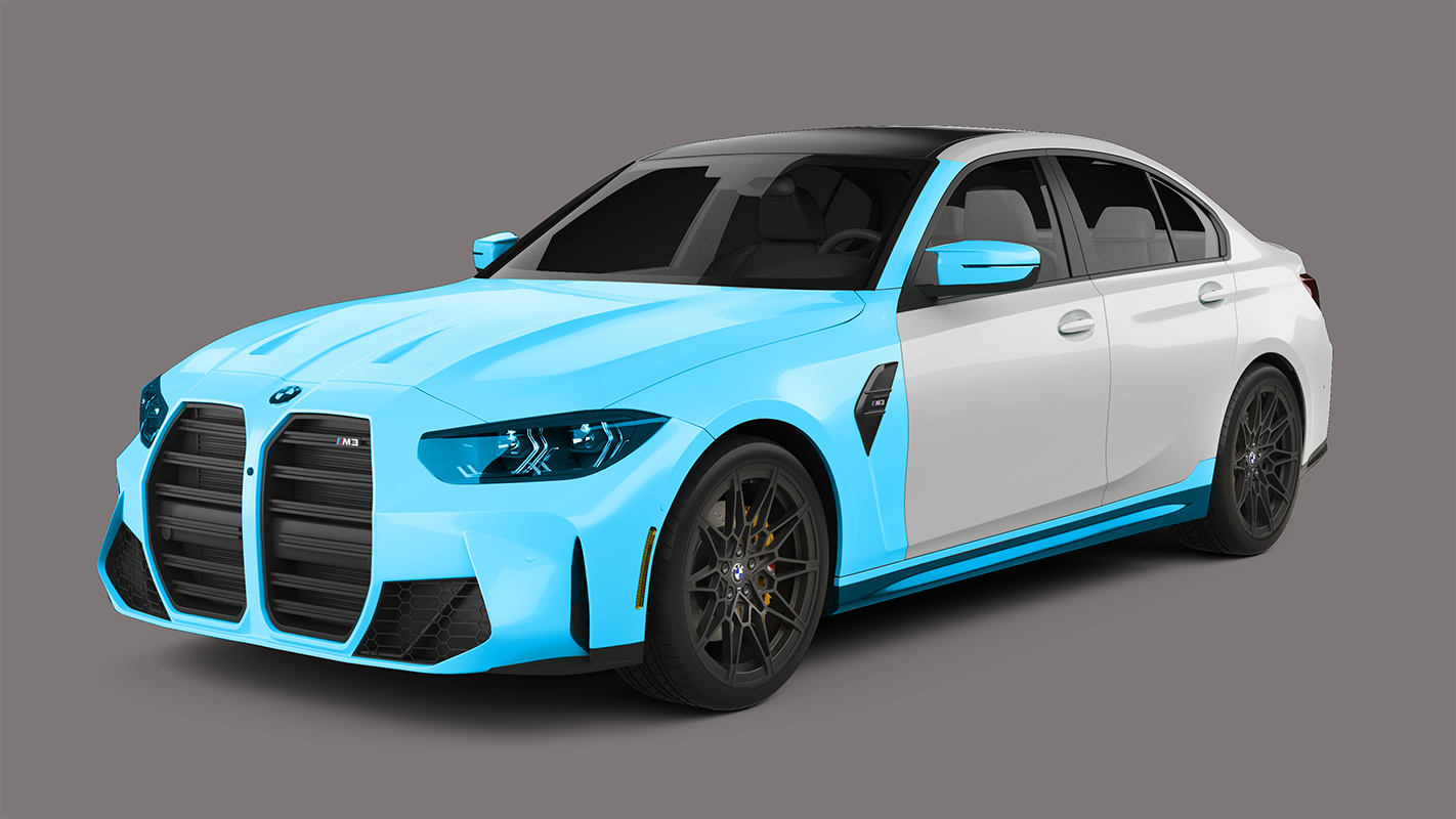 A two-toned BMW M3 sedan. The front is light blue, the back is white, with black wheels.