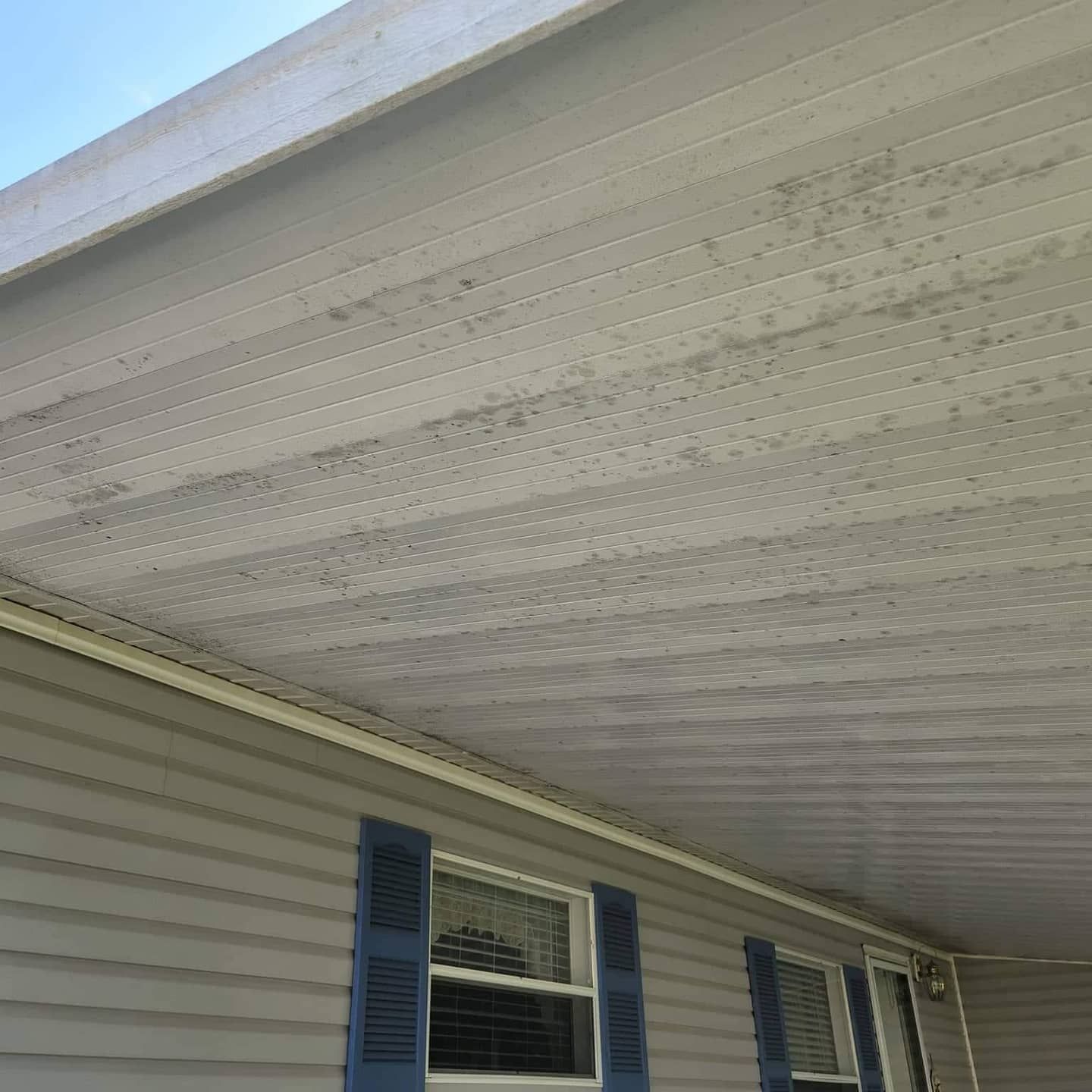 Underside of a light-colored porch roof with dark mildew spots, above a gray house with blue shutters.
