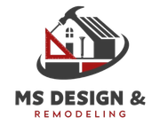 Logo for MS Design & Remodeling featuring a stylized house icon with a hammer, ruler, and nail in gray and red.