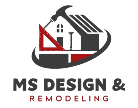 Logo for MS Design & Remodeling featuring a stylized house icon with a hammer, ruler, and nail in gray and red.