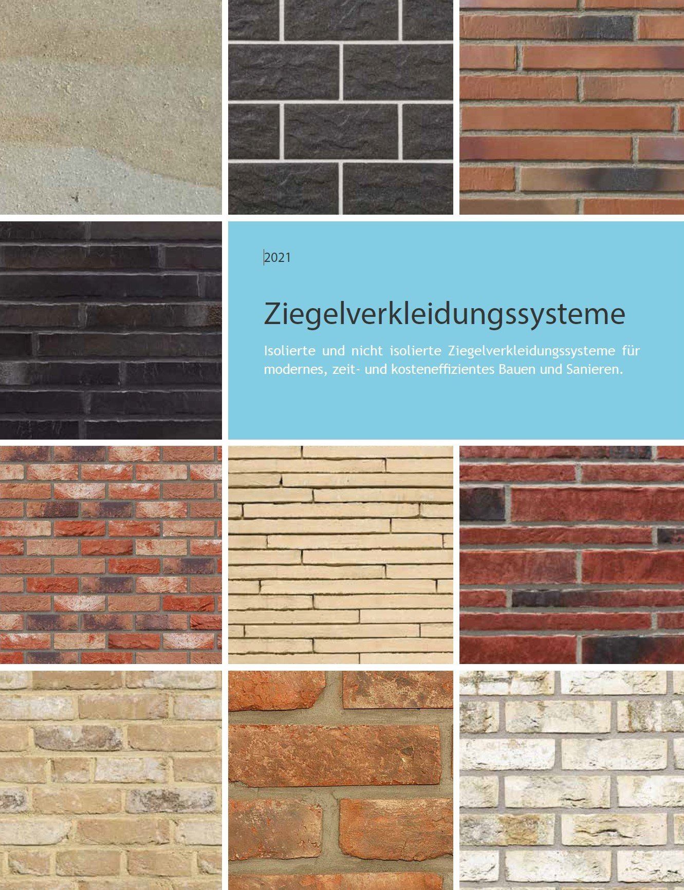 Katalogumschlag mit verschiedenen Ziegelverkleidungsstilen; neutrale Farben, Text in Deutsch.