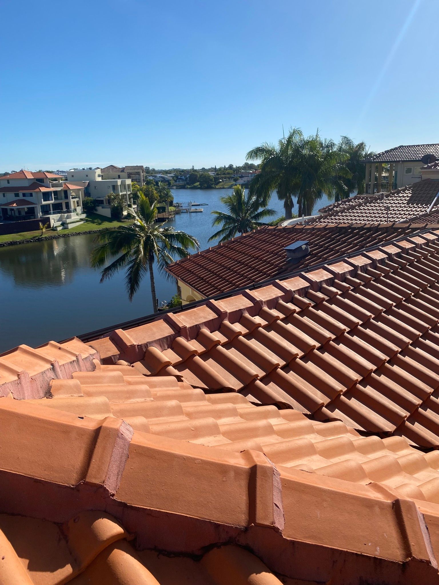 View of Red Tile Roof, Waterfront Homes, Palm Trees, and a Lake — Killiby & Co Roofing Pty Ltd in Northern Rivers, NSW
