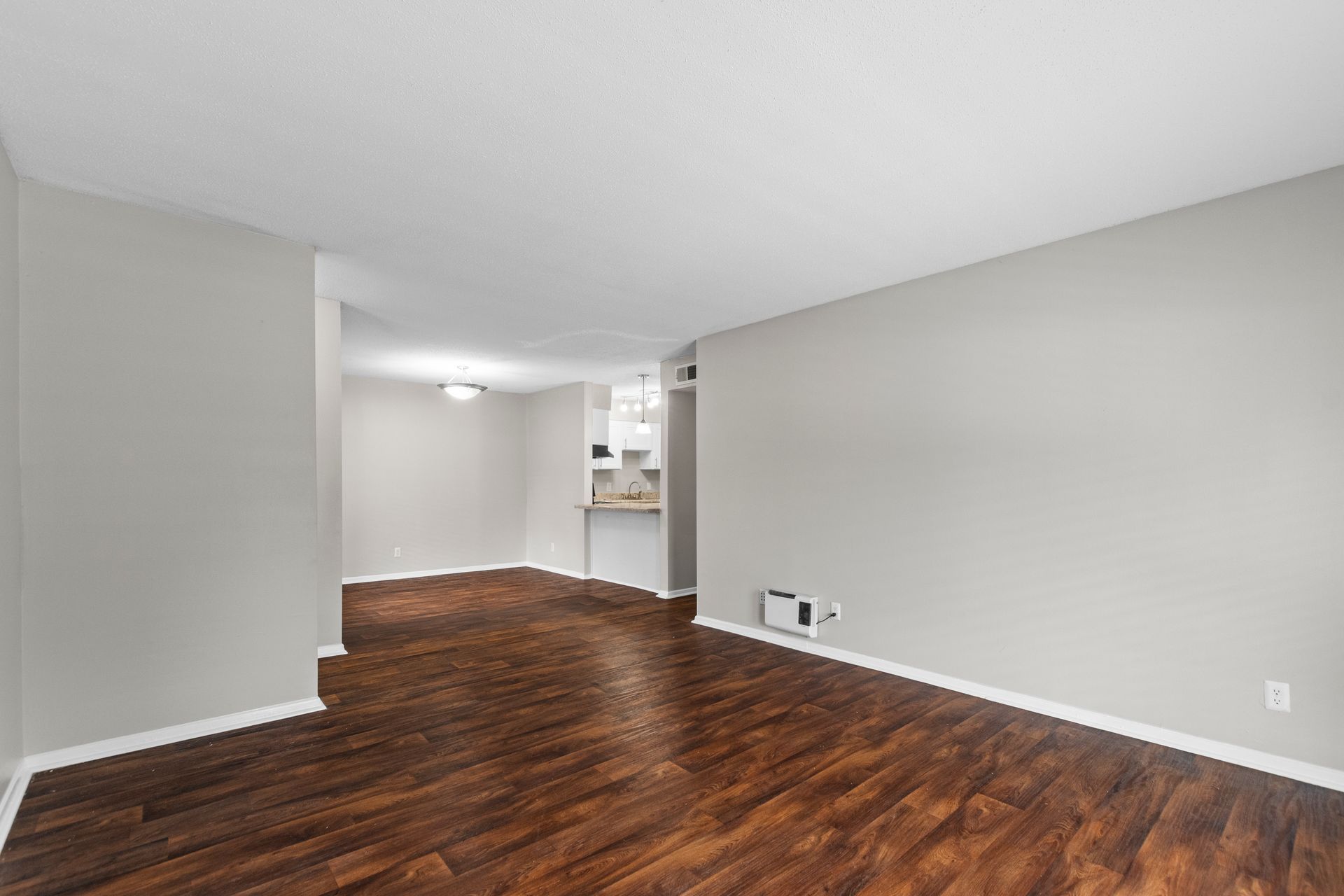 Empty living room with wood-look flooring and light gray walls, leading into an open kitchen area.