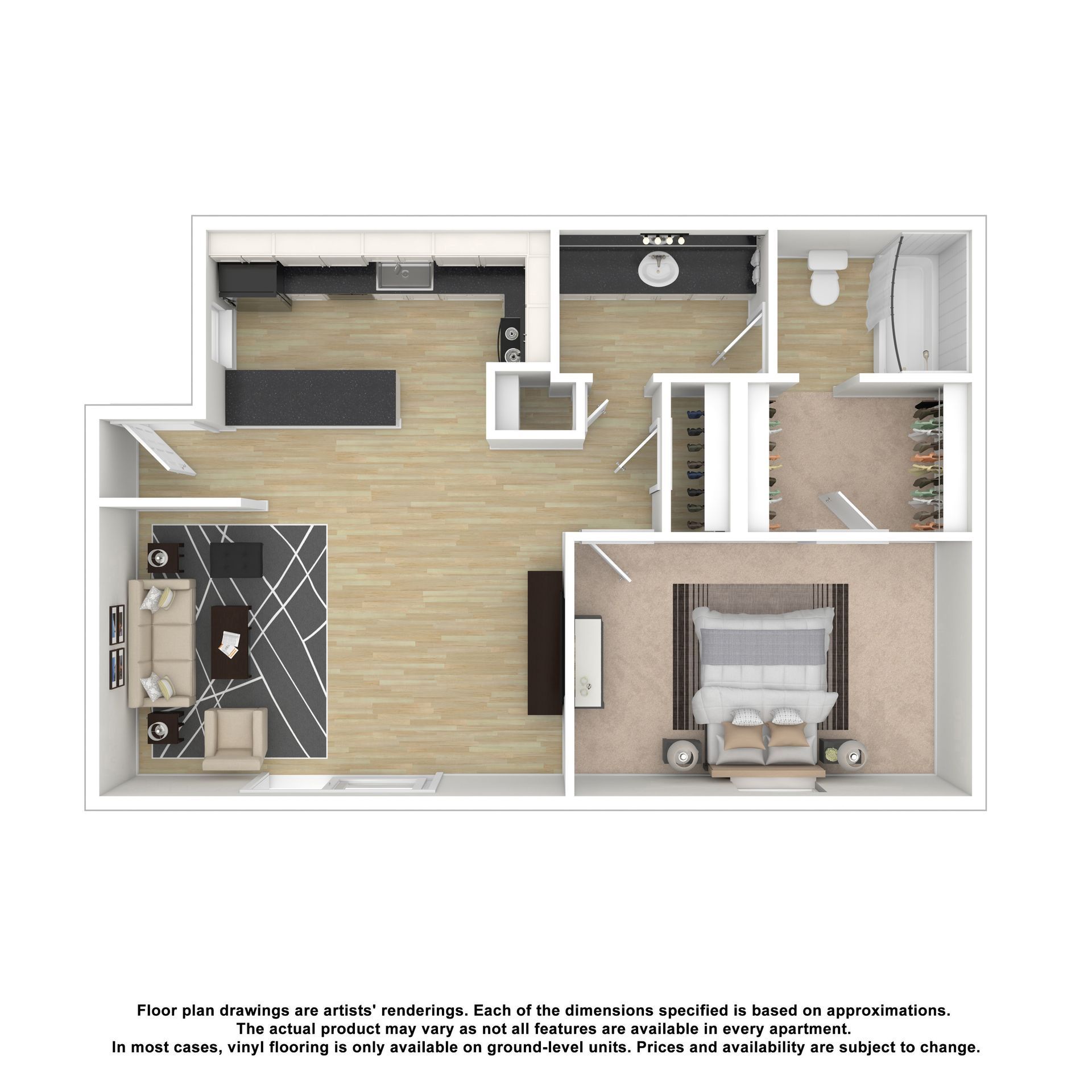 A floor plan for a one-bedroom apartment with an open living area, kitchen, bathroom, and walk-in closet.