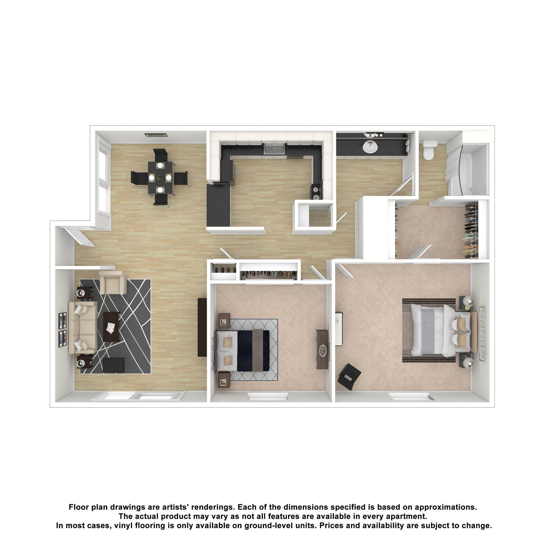 A top-down floor plan of a two-bedroom apartment featuring an open kitchen, dining area, living room, and two bathrooms.