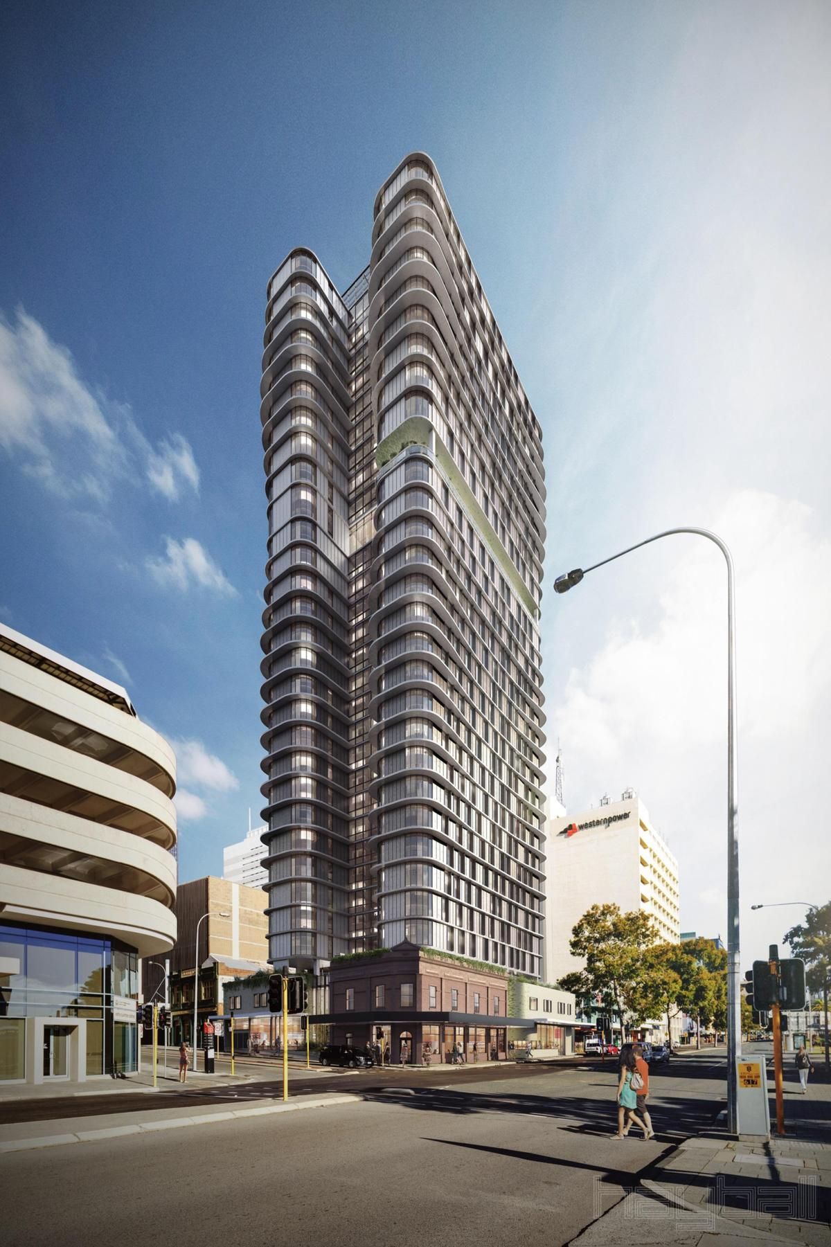 An artist 's impression of a large building next to a body of water.