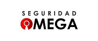 Un logotipo negro y rojo de Seguridad Omega sobre un fondo blanco.