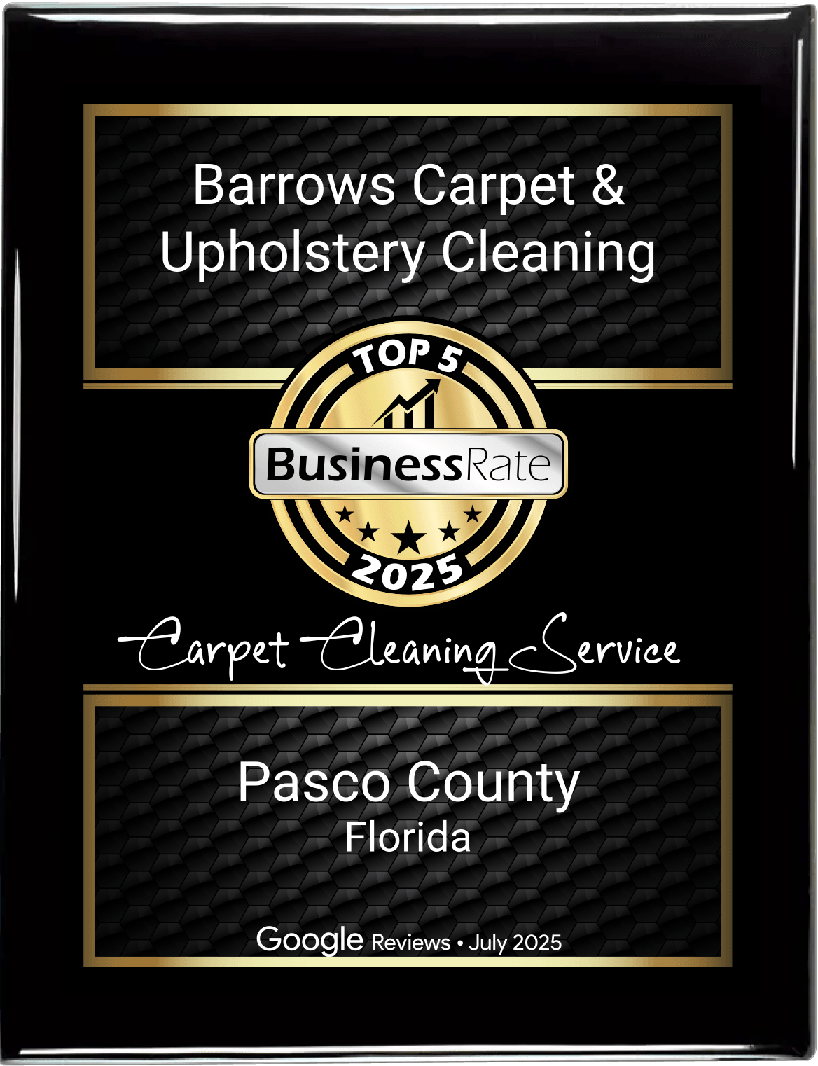 A black and gold award plaque for Barrows Carpet & Upholstery Cleaning, a top 5 carpet cleaning service in Pasco County.