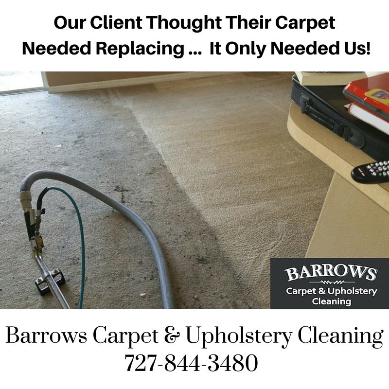 A carpet being cleaned, showing a before-and-after comparison. Barrows Carpet & Upholstery Cleaning logo and contact info at the bottom.