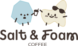 Salt and Foam coffee logo with a blue hexagon and cream blob holding hands