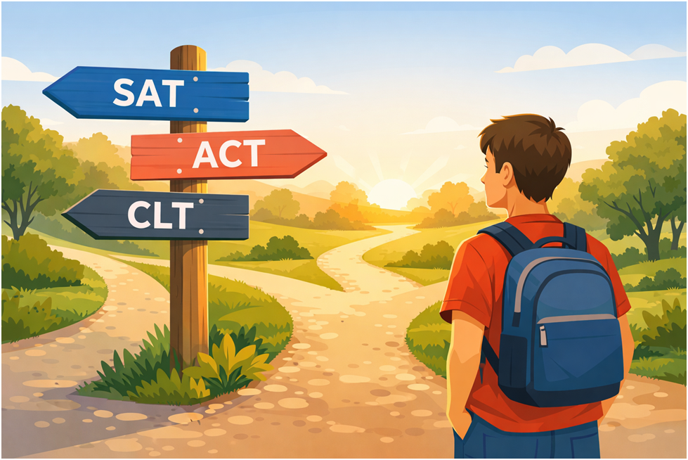 Student at the crossroads of the SAT, ACT, and CLT test paths. 