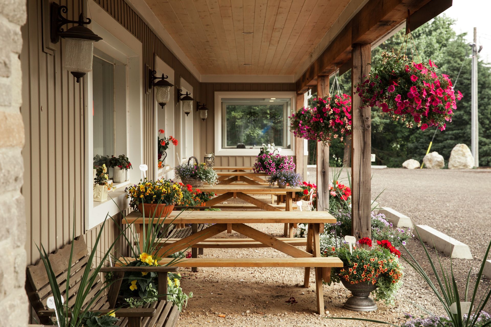 A porch with a row of picnic tables and flowers