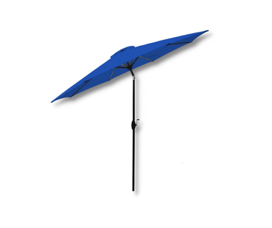 Blue patio umbrella, black pole, angled open, casting a shadow.
