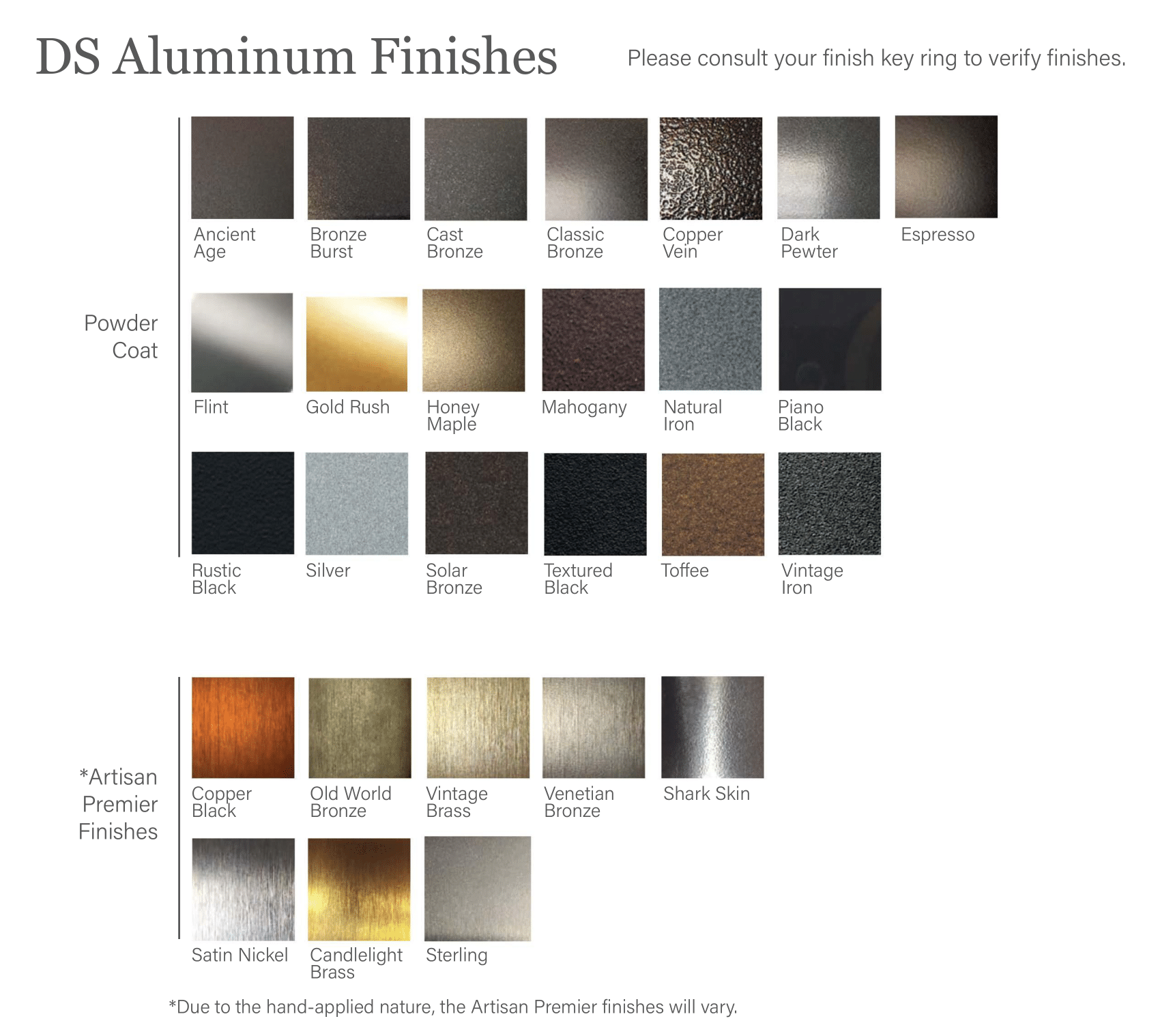 DS Aluminum Finishes color swatches: various metallic hues, categorized by series.