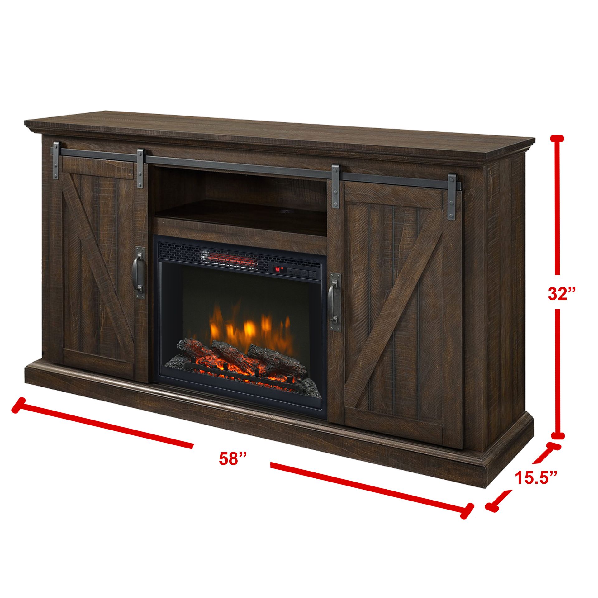 Dark brown entertainment center with electric fireplace, sliding barn doors, and dimensions labeled.