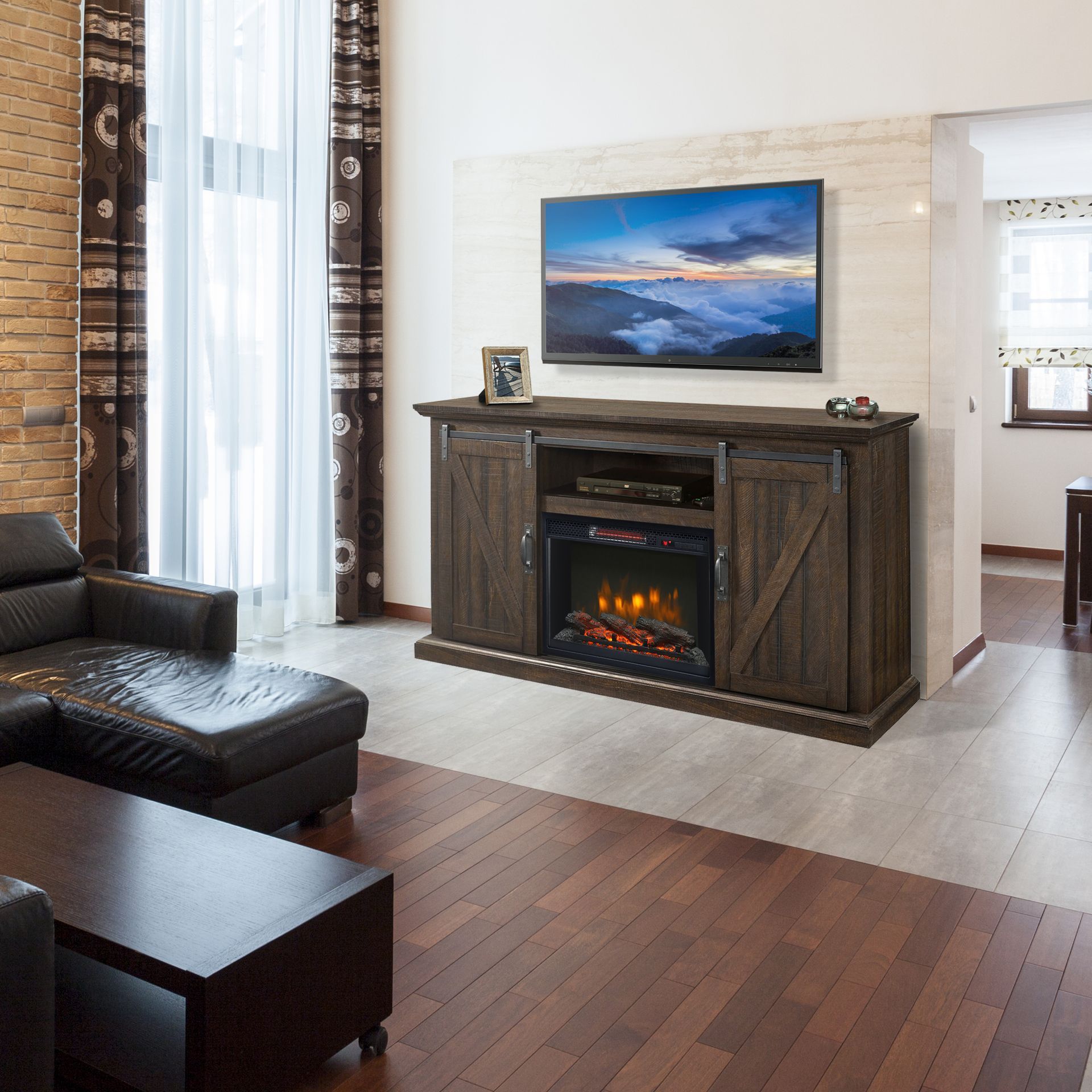 Living room with dark wood entertainment center, electric fireplace, and mounted TV.