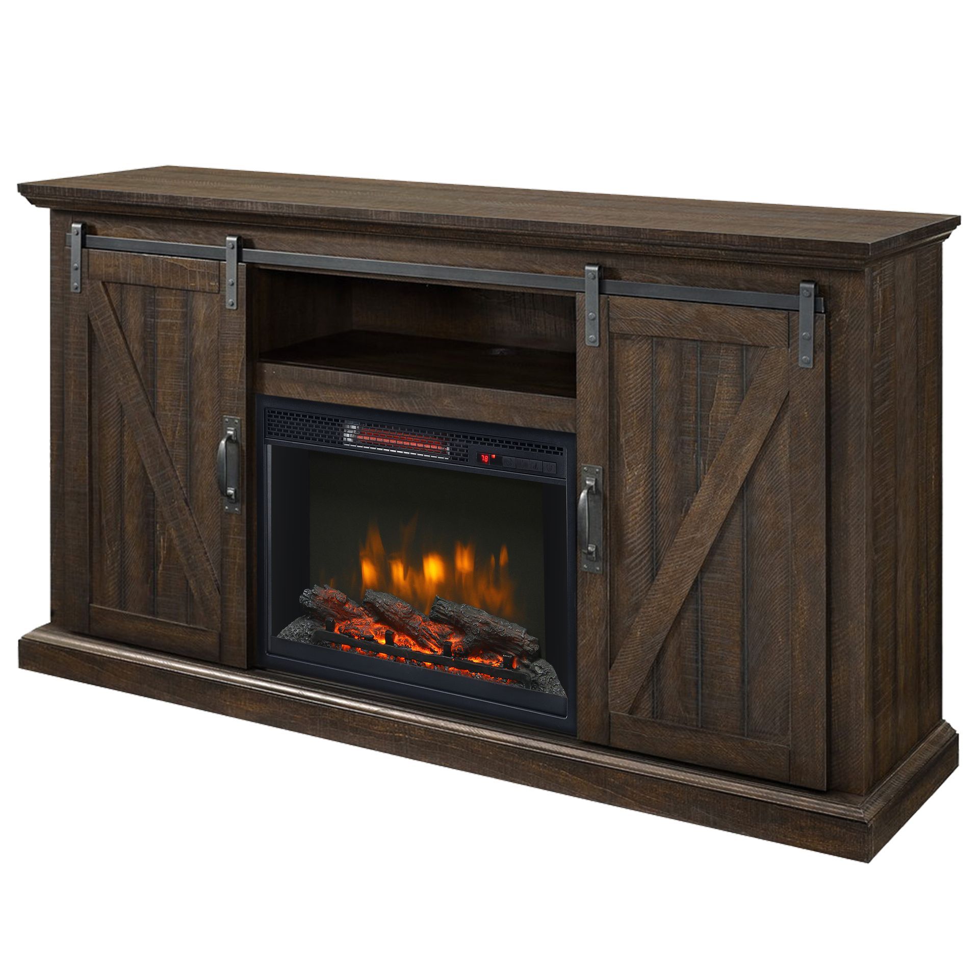 Dark brown media console with electric fireplace, sliding barn doors.