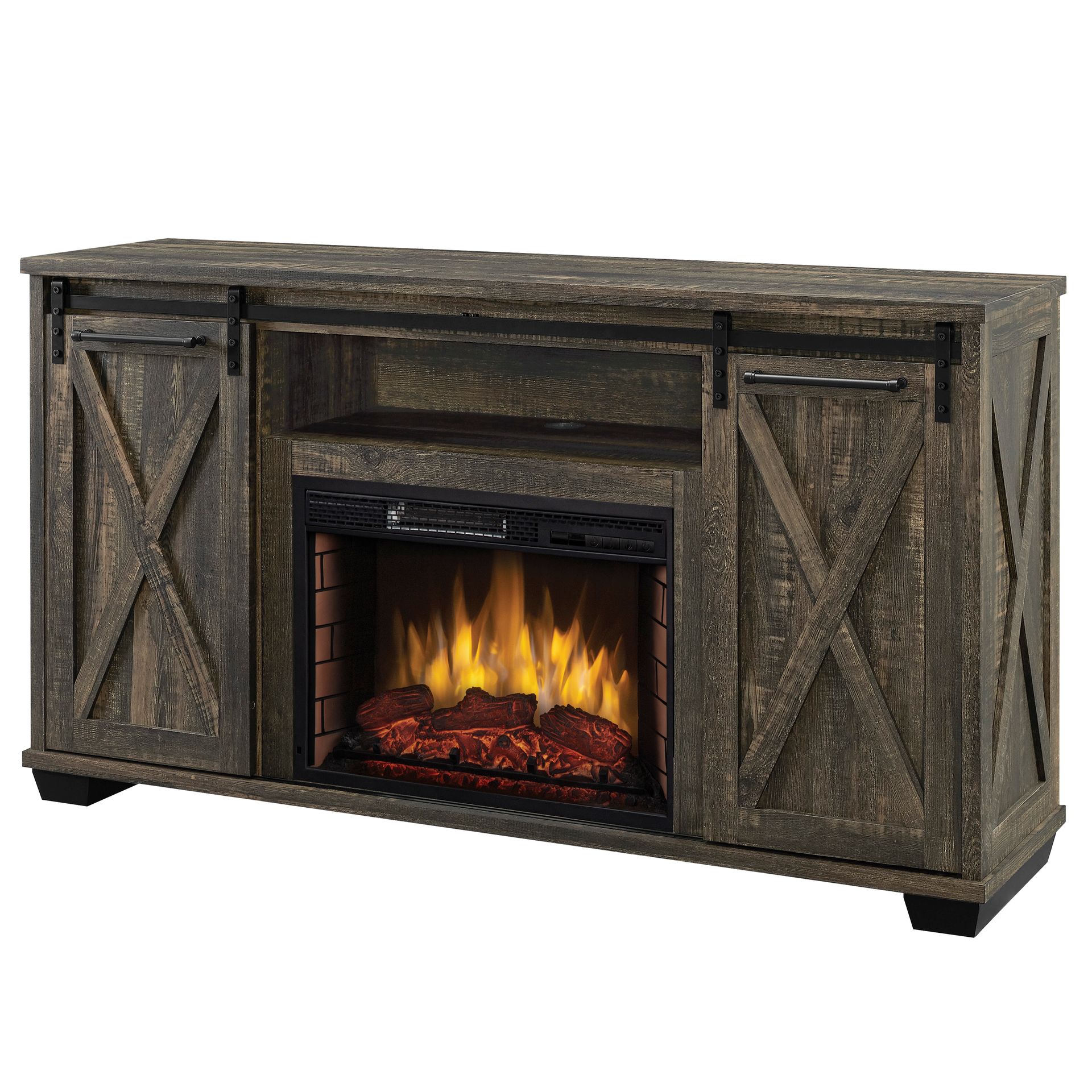 Rustic brown wood fireplace entertainment center with simulated flames.