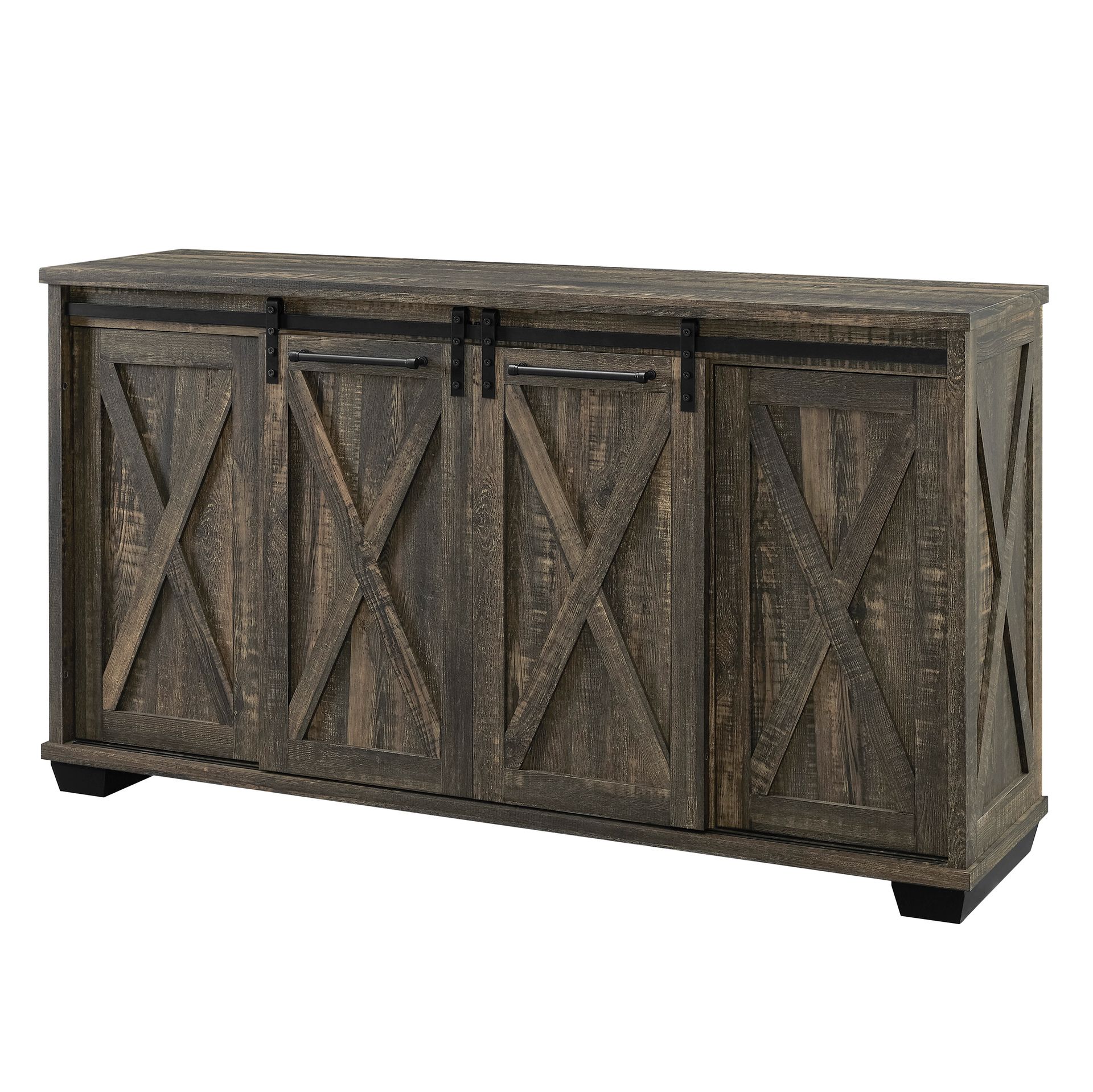 Dark brown rustic sideboard with sliding barn doors and black hardware.