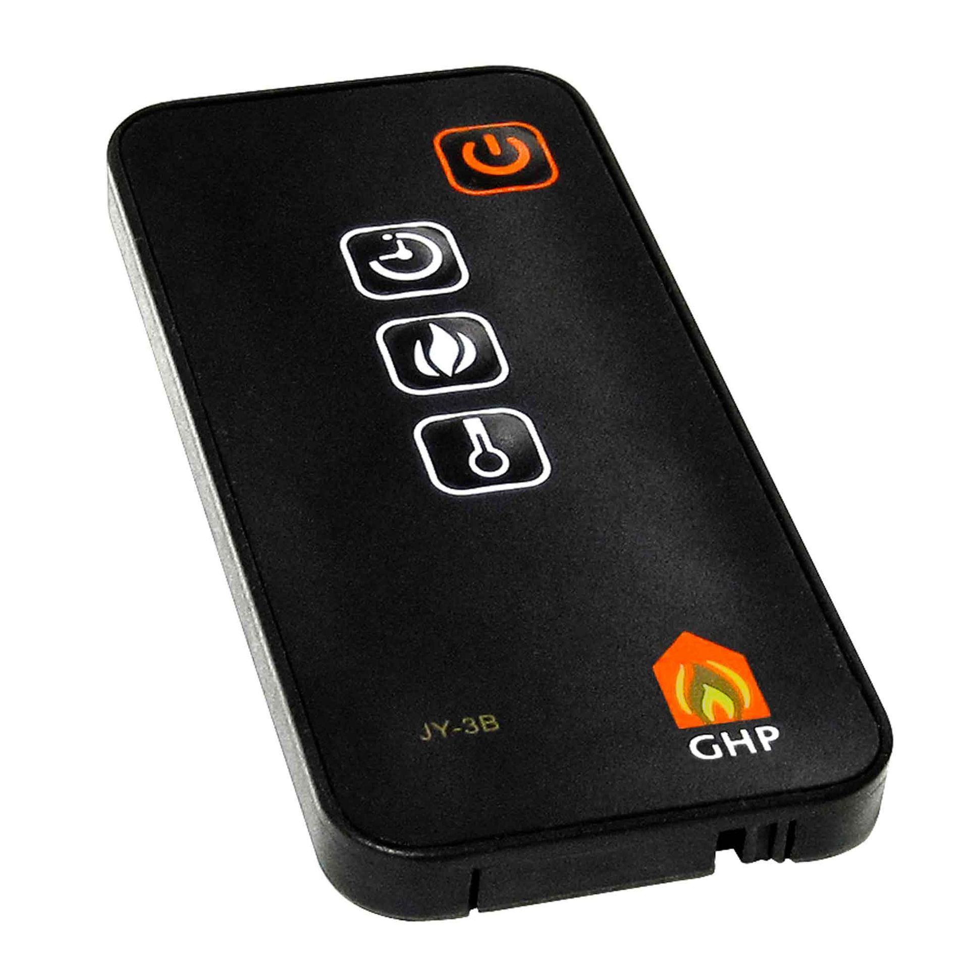 Black fireplace remote with orange power button and flame controls; GHP logo.