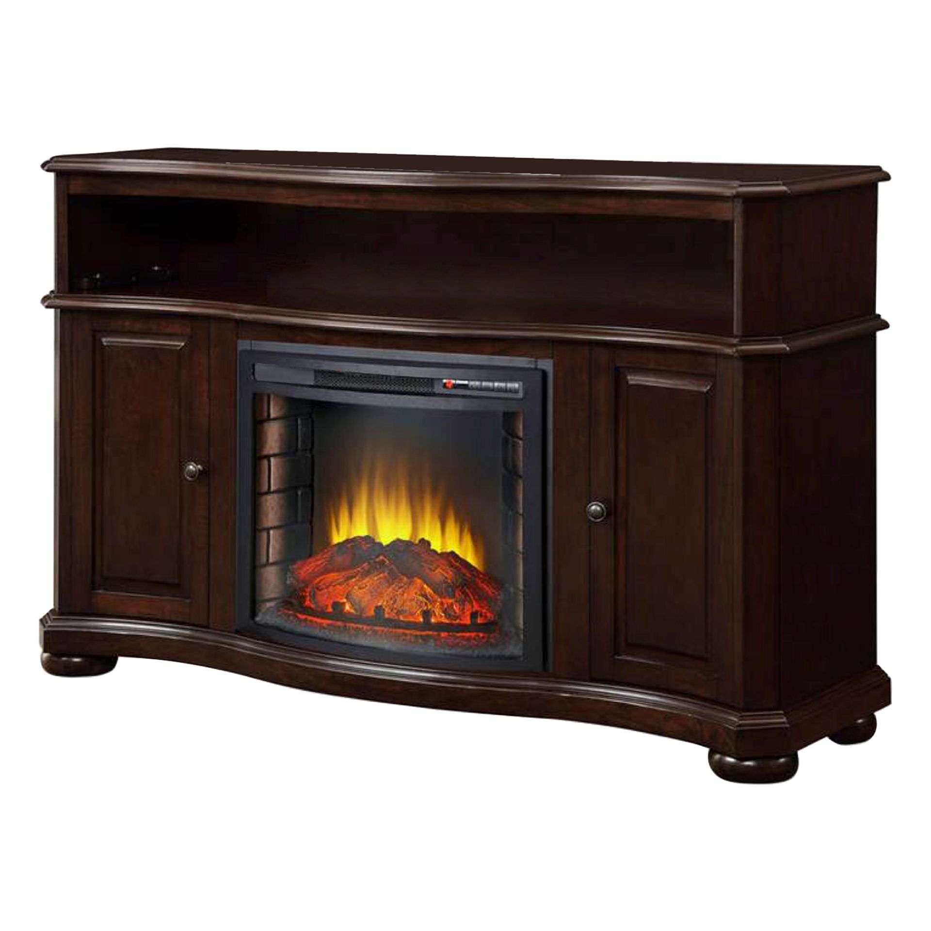 Dark brown entertainment center with electric fireplace.