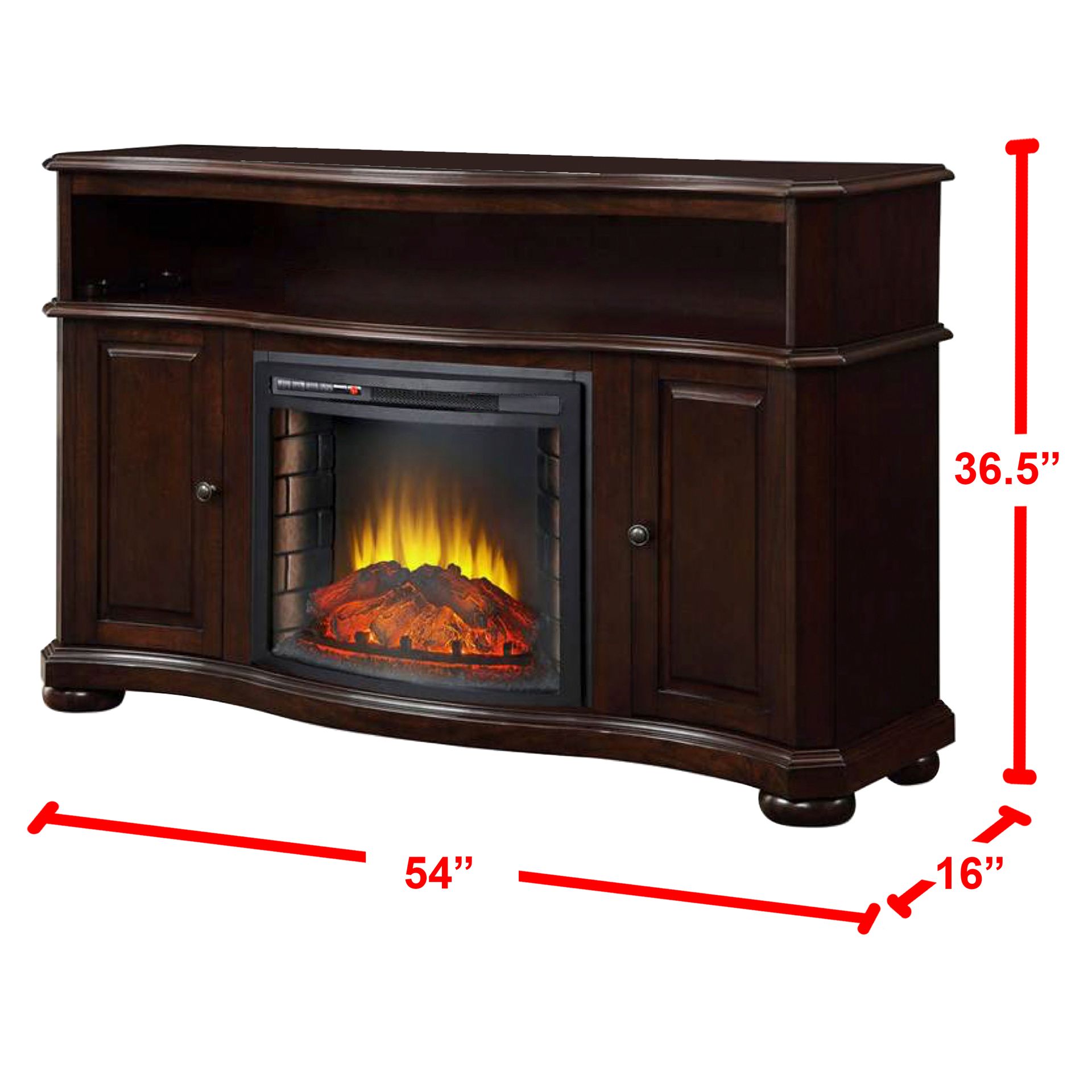 Dark brown TV stand with electric fireplace, dimensions noted: 54