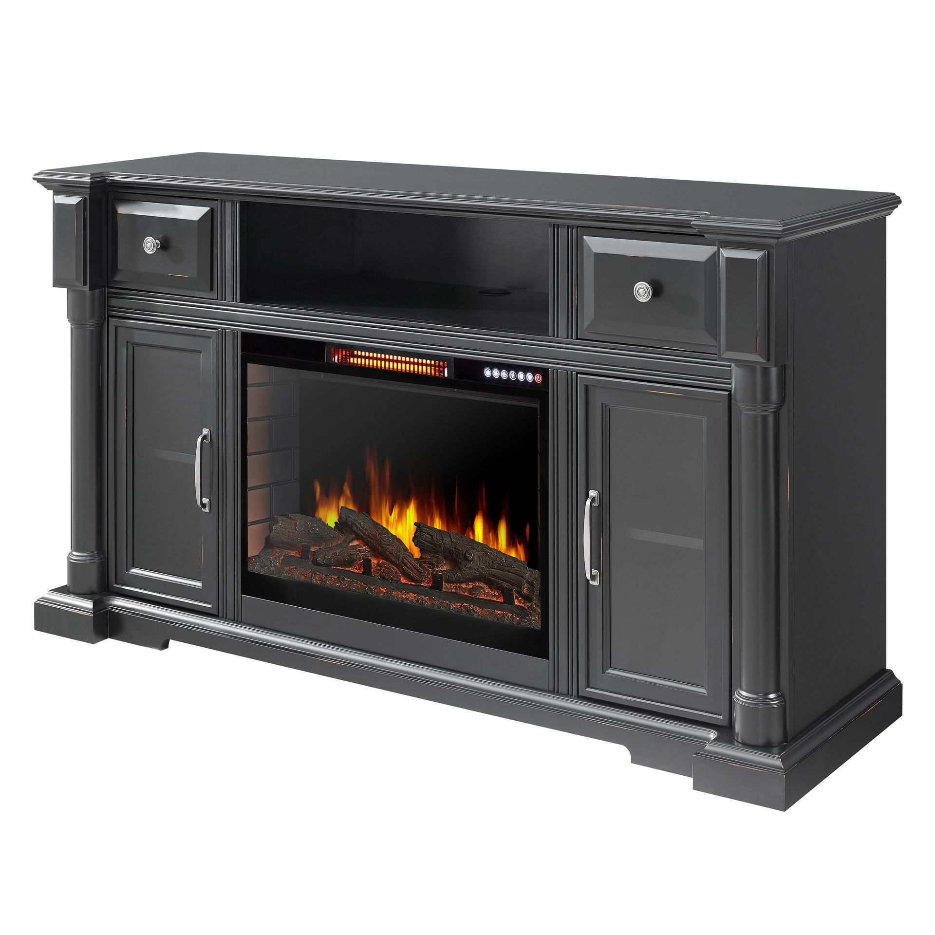 Gray media console with electric fireplace and storage cabinets.