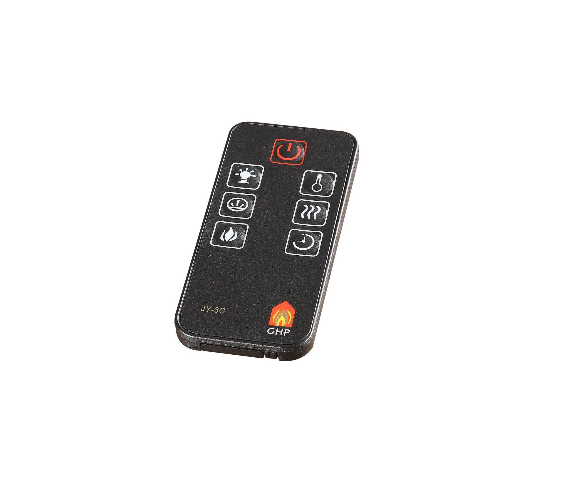 Black fireplace remote with various button icons.