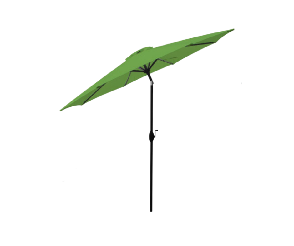 Green patio umbrella, tilted open, set against a white backdrop.