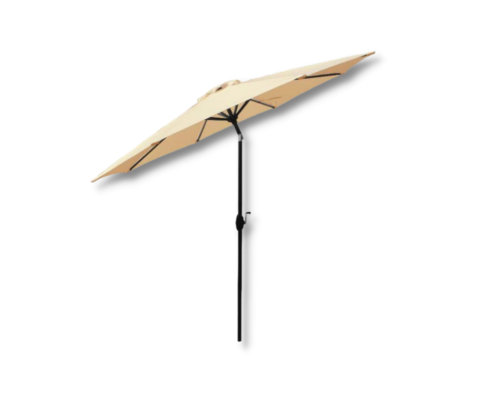 Beige patio umbrella with black pole, angled open, casting a shadow.
