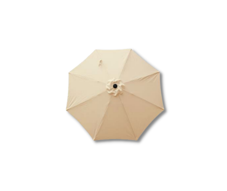 Tan patio umbrella, top view, with eight panels, casting a shadow.