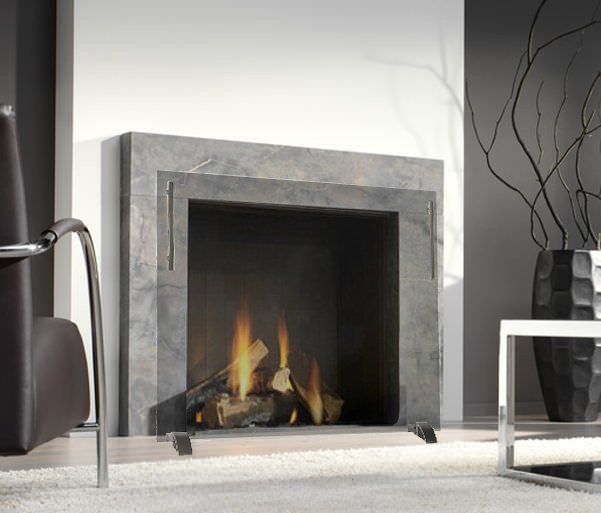 Fireplace with flames and faux wood, framed by gray stone, in a minimalist modern living room.