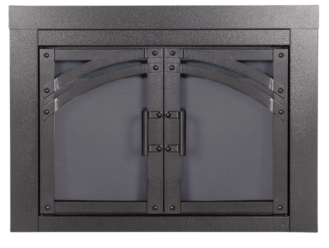 Fireplace doors with a textured, gray metal finish and arched detailing.