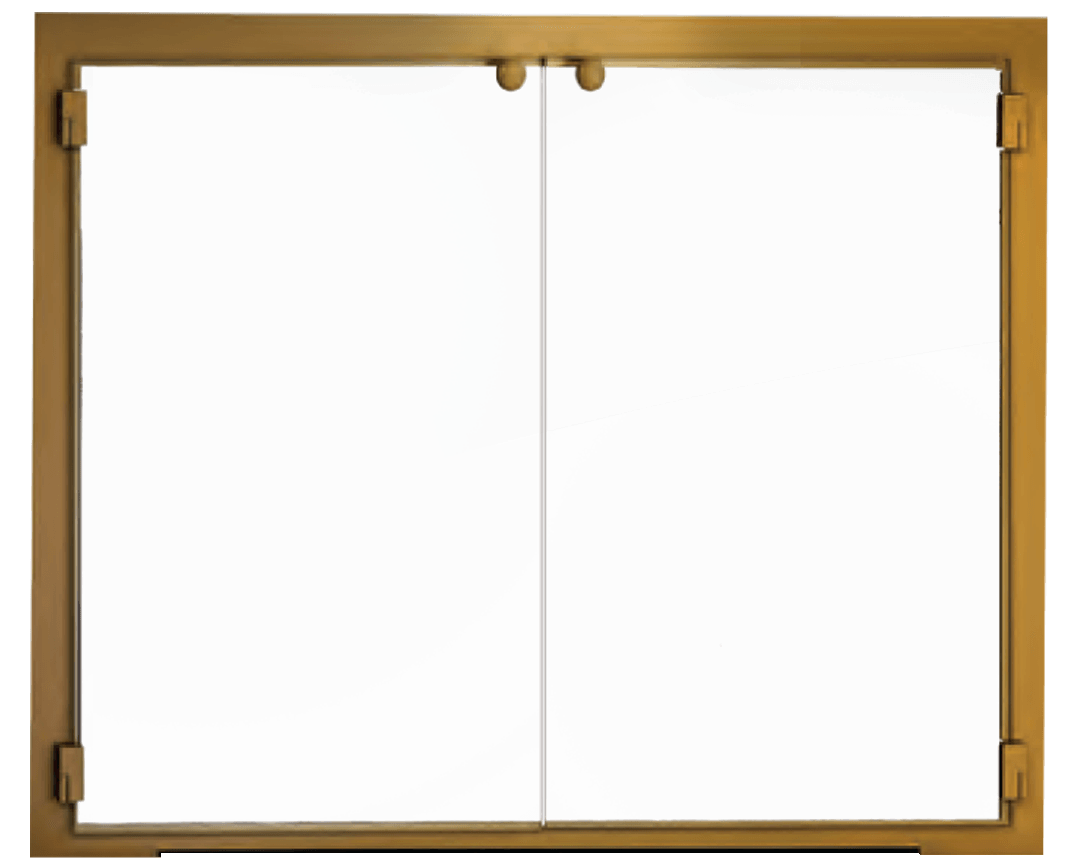Fireplace doors with a gold frame and clear glass panels.