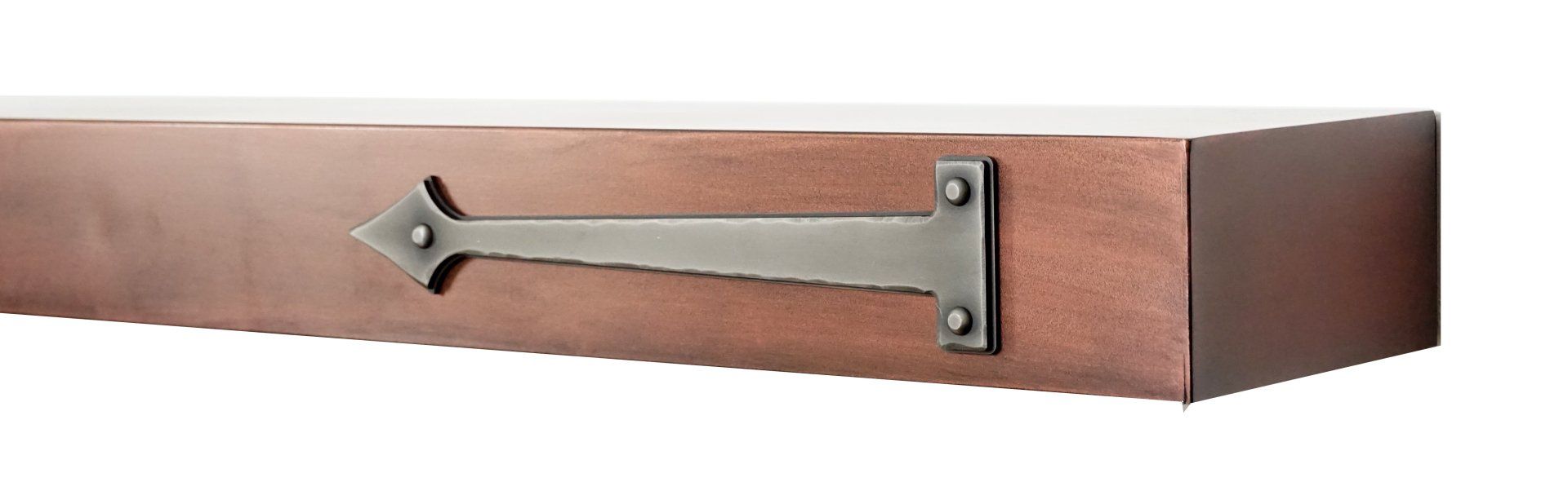 A wooden shelf with a decorative metal arrow detail, brown color, on a white background.