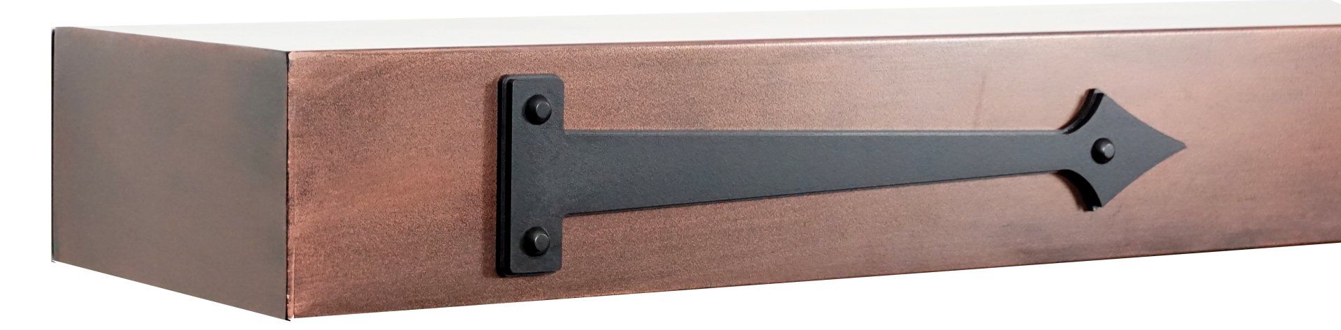 A brown wooden box with a black decorative hinge.