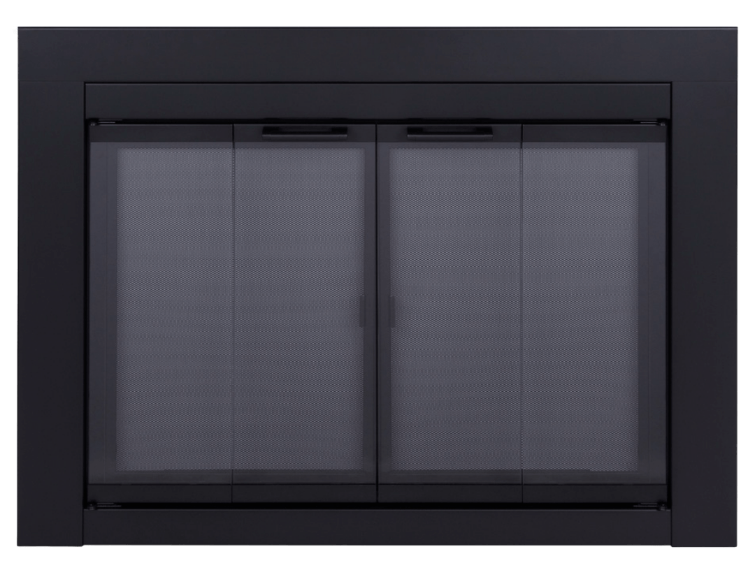Black fireplace door with mesh screens.