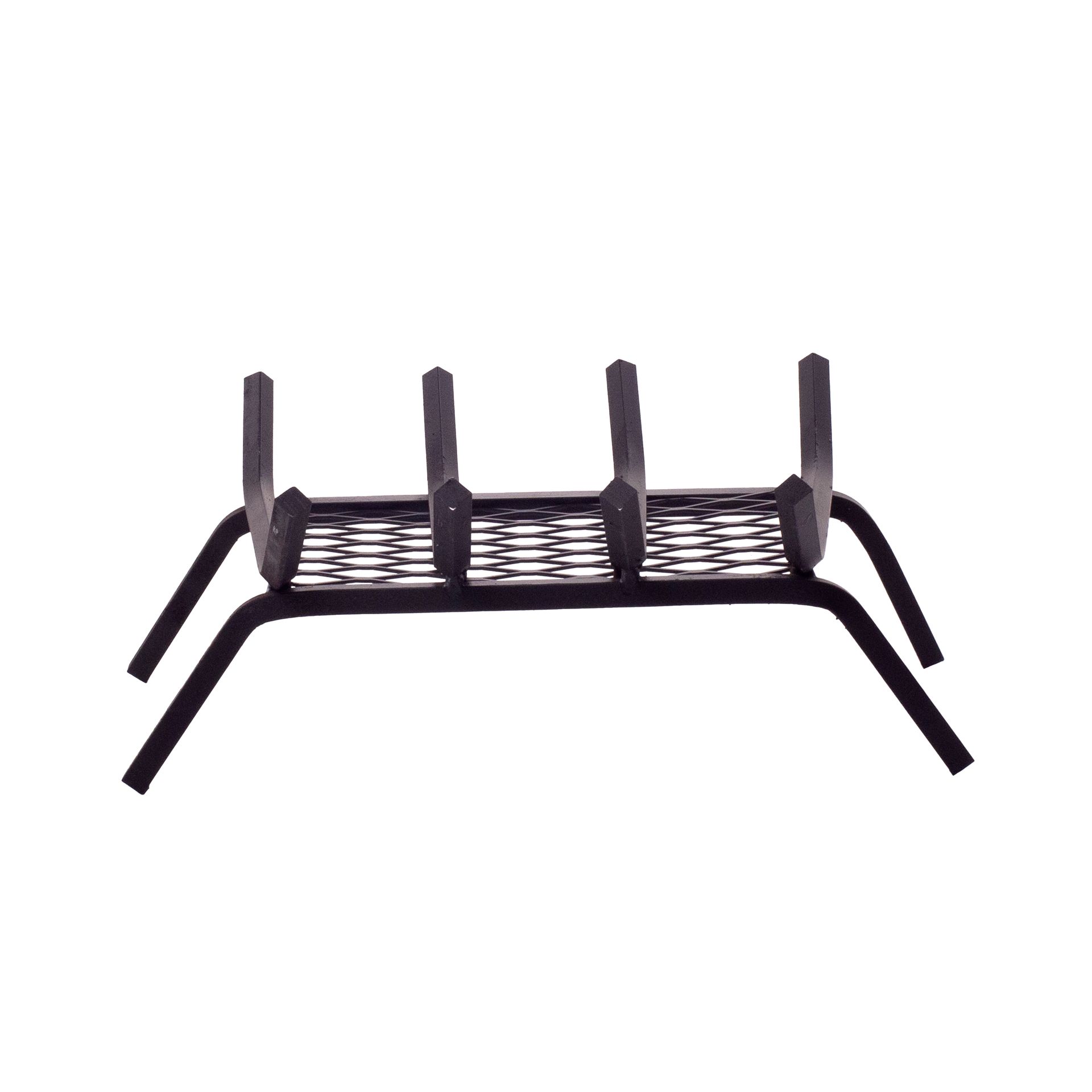 Black fireplace grate with angled legs and vertical posts.