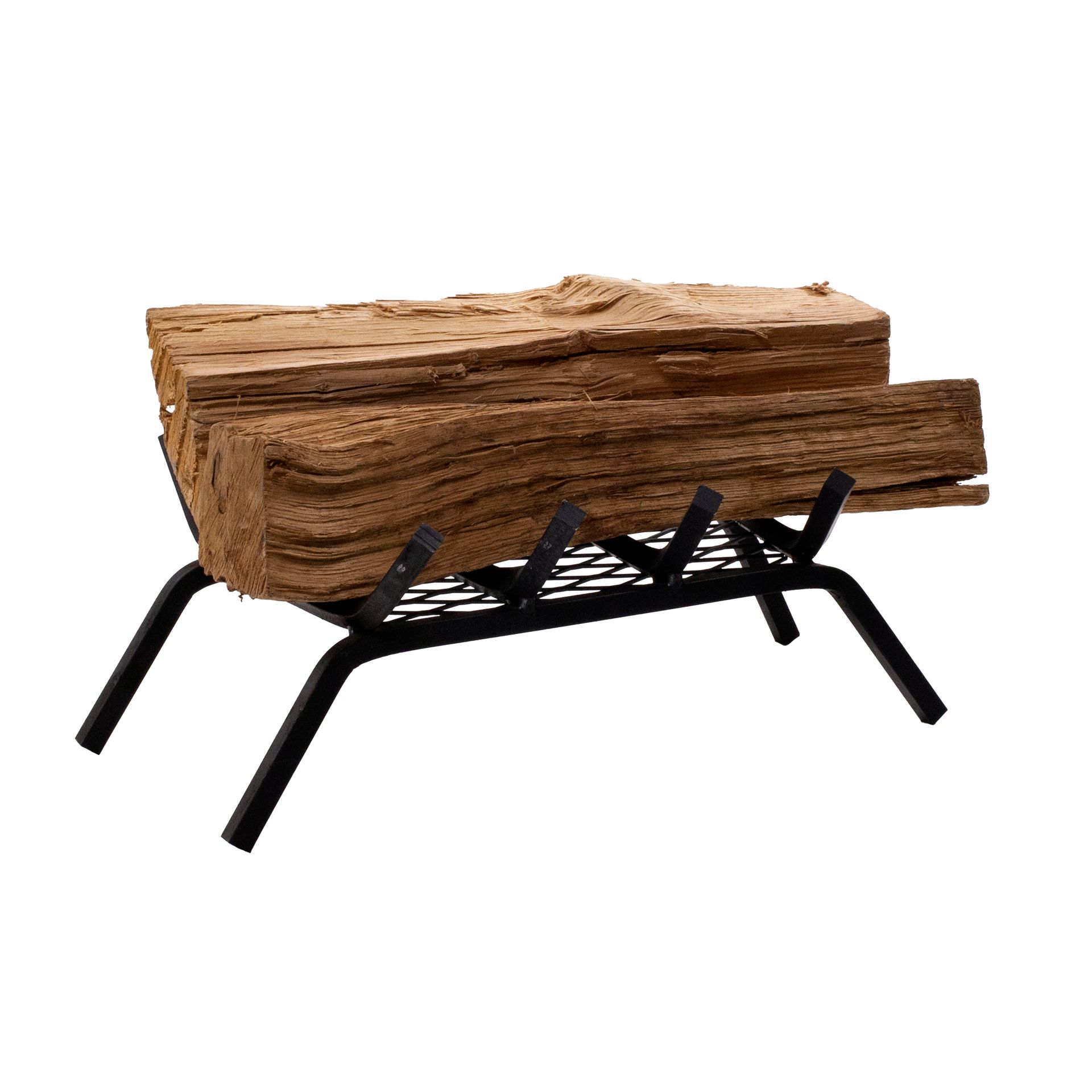 Logs on a black metal fireplace grate, against a white background.