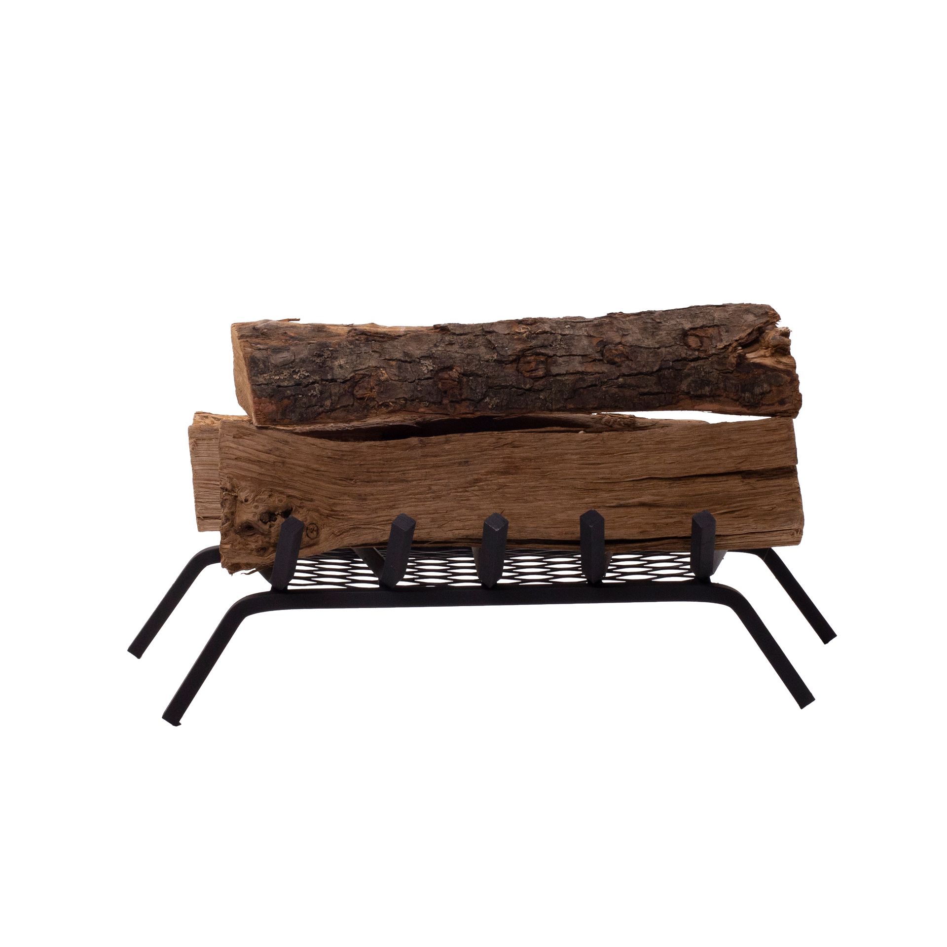 Fireplace logs stacked on a black metal grate, set against a white background.