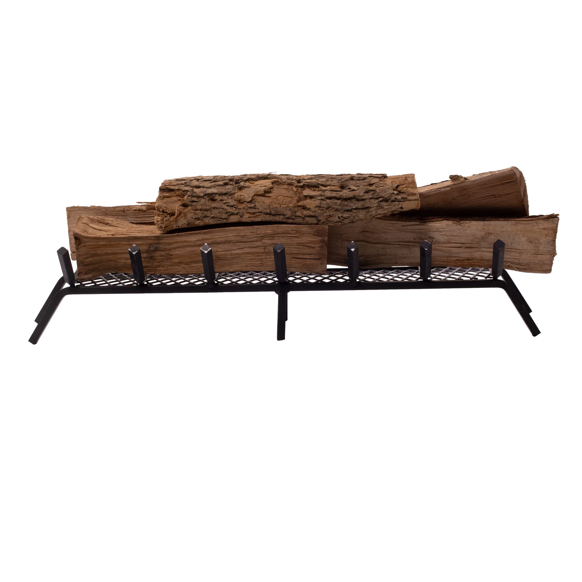Logs stacked on a black metal fireplace grate.