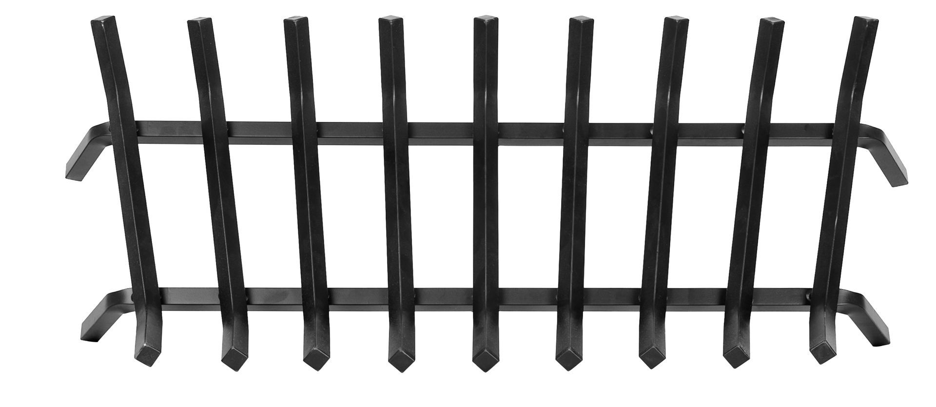 Black metal fireplace grate with vertical bars and horizontal support beams.
