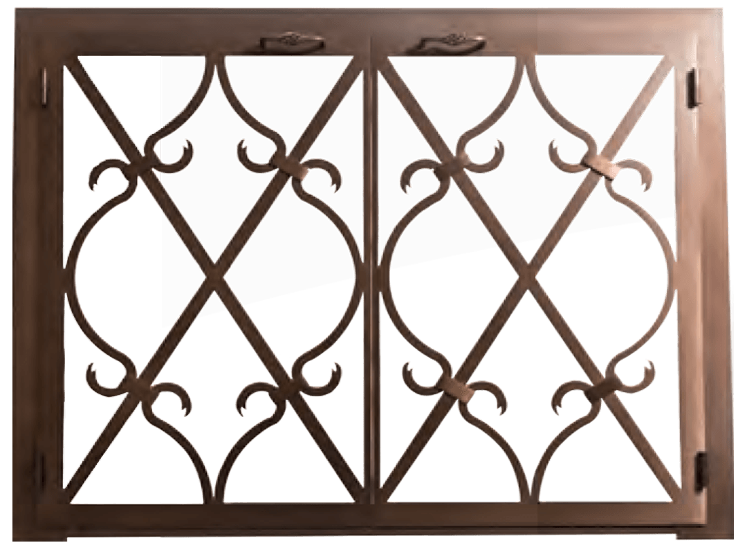 Bronze fireplace screen with ornate wrought iron design.