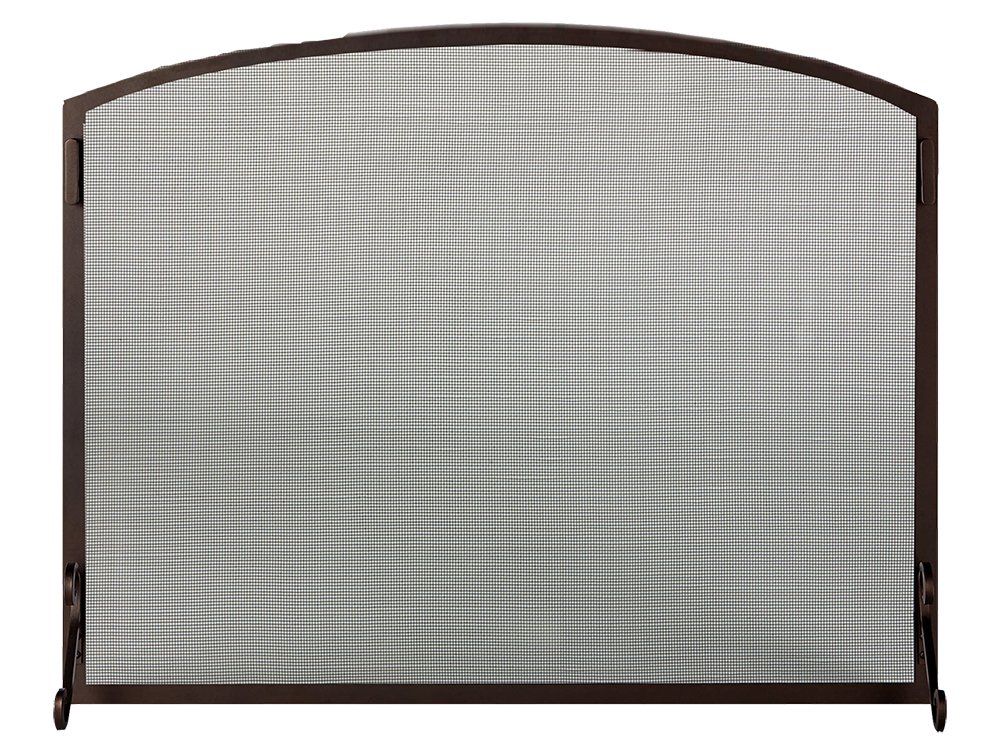 Dark brown arched fireplace screen with a fine mesh.