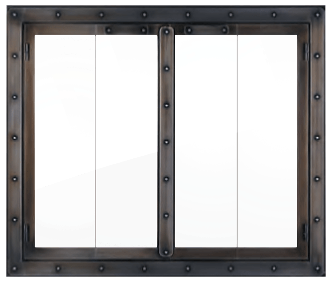Steel-framed window with two clear glass panels, surrounded by rivets and a dark metal frame.