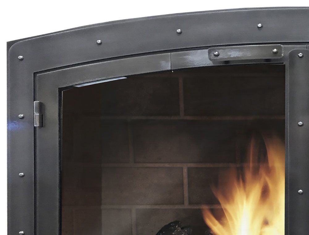 Fireplace with a metal frame and flames visible.